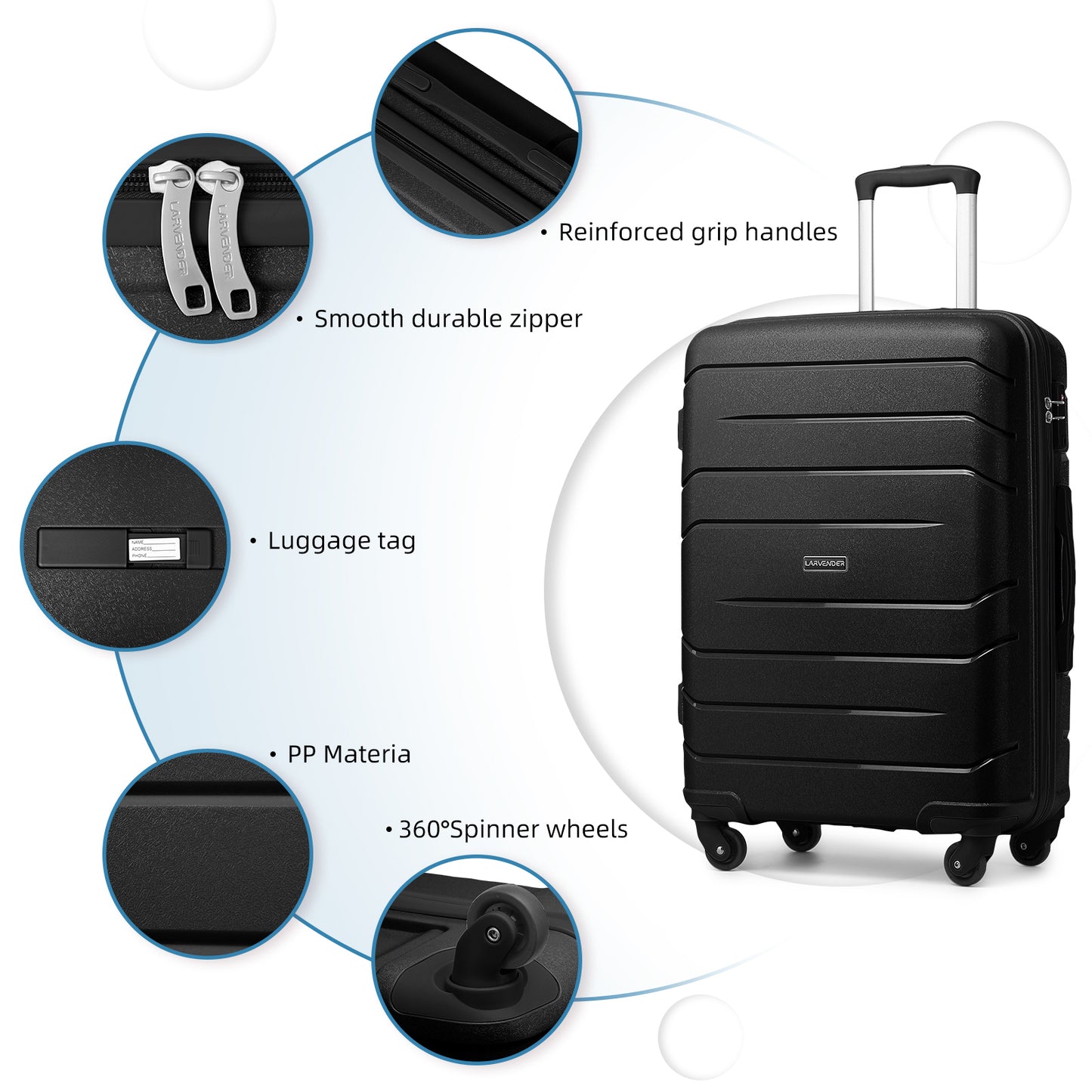 Jetera 5 - Piece PP Luggage Set – Expandable Hardside Suitcases with Spinner Wheels & TSA Lock (Black) - JUSTLIVE NESTJUSTLIVE NEST