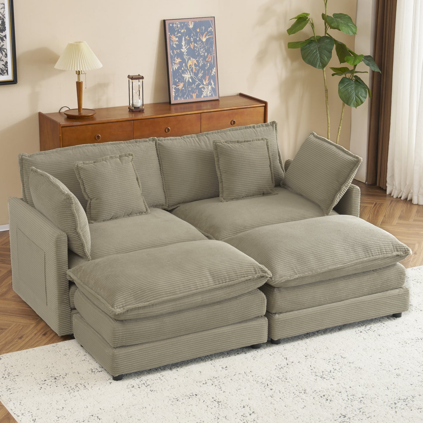 76' Modular Lounge – Corduroy Sofa with Side Storage & L-Shape Comfort (Brown)