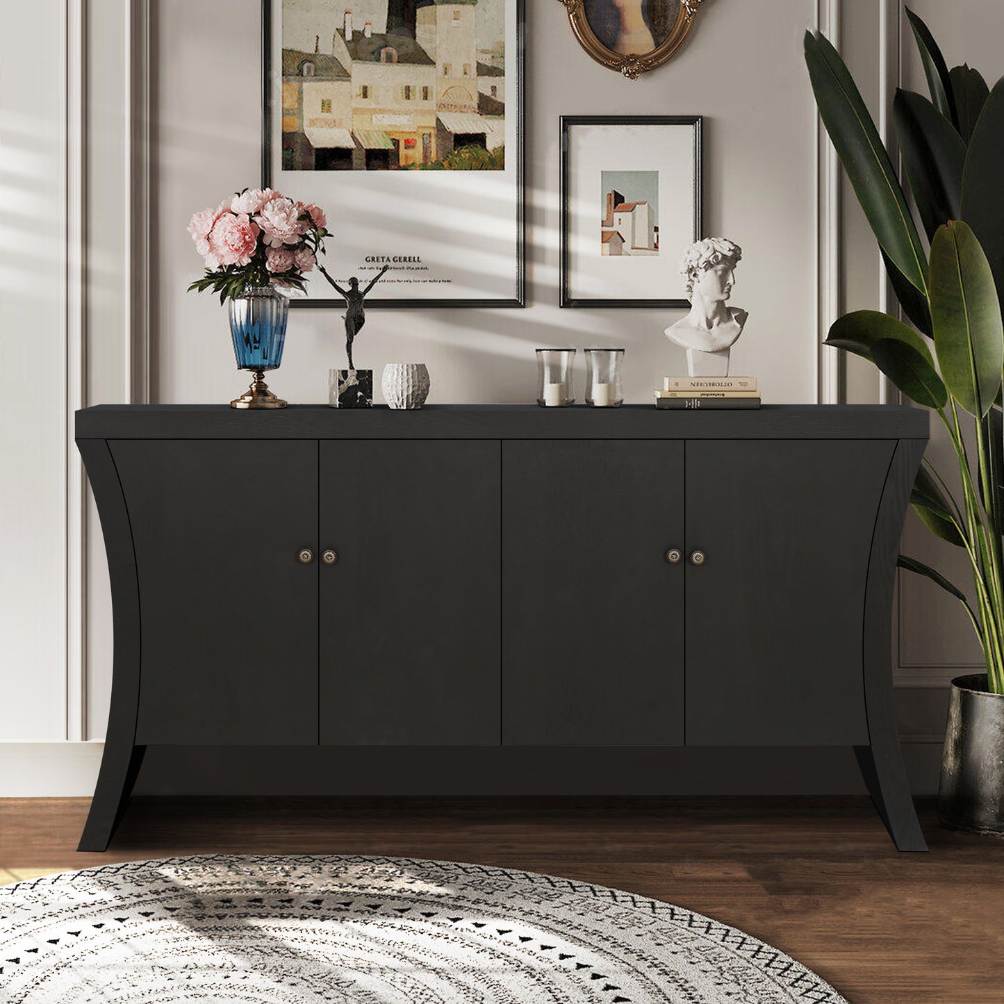 Induro Arc Credenza – 4-Door Black Cabinet with Bronze Clasps & Wood Legs