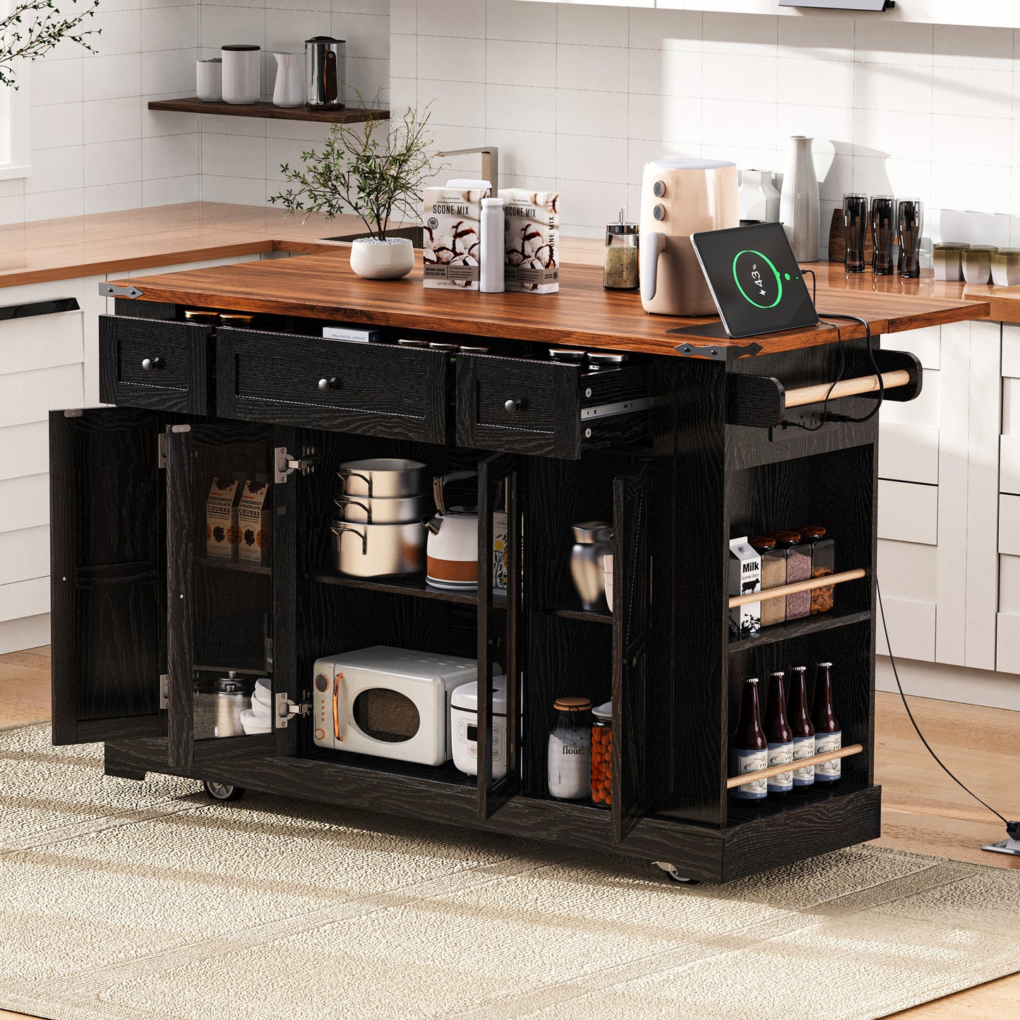 K&K Farmstead Island – 53'' Black Kitchen Cart with Glass Doors, Drop Leaf & Power Outlet