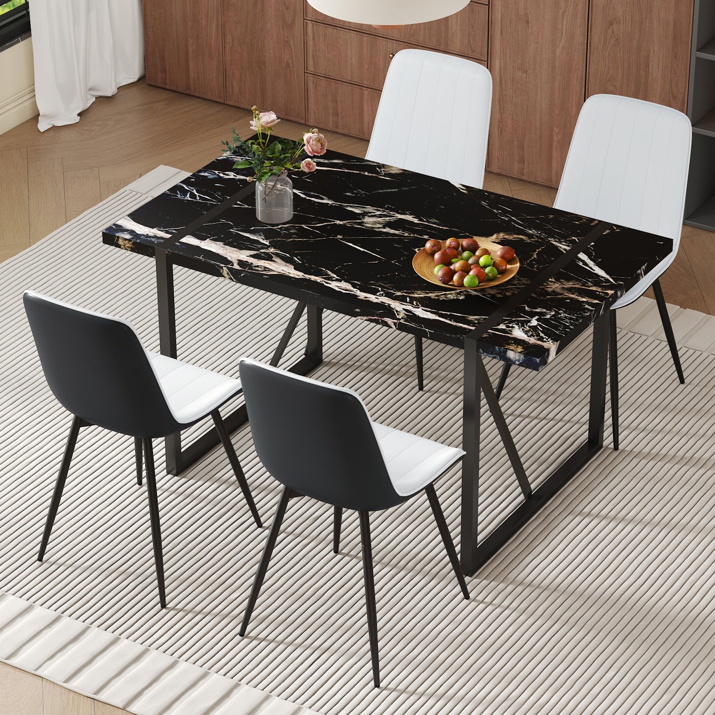 Lunex 5‑Piece Dining Set – Black Marble Table with Gray PU Cushioned Chairs