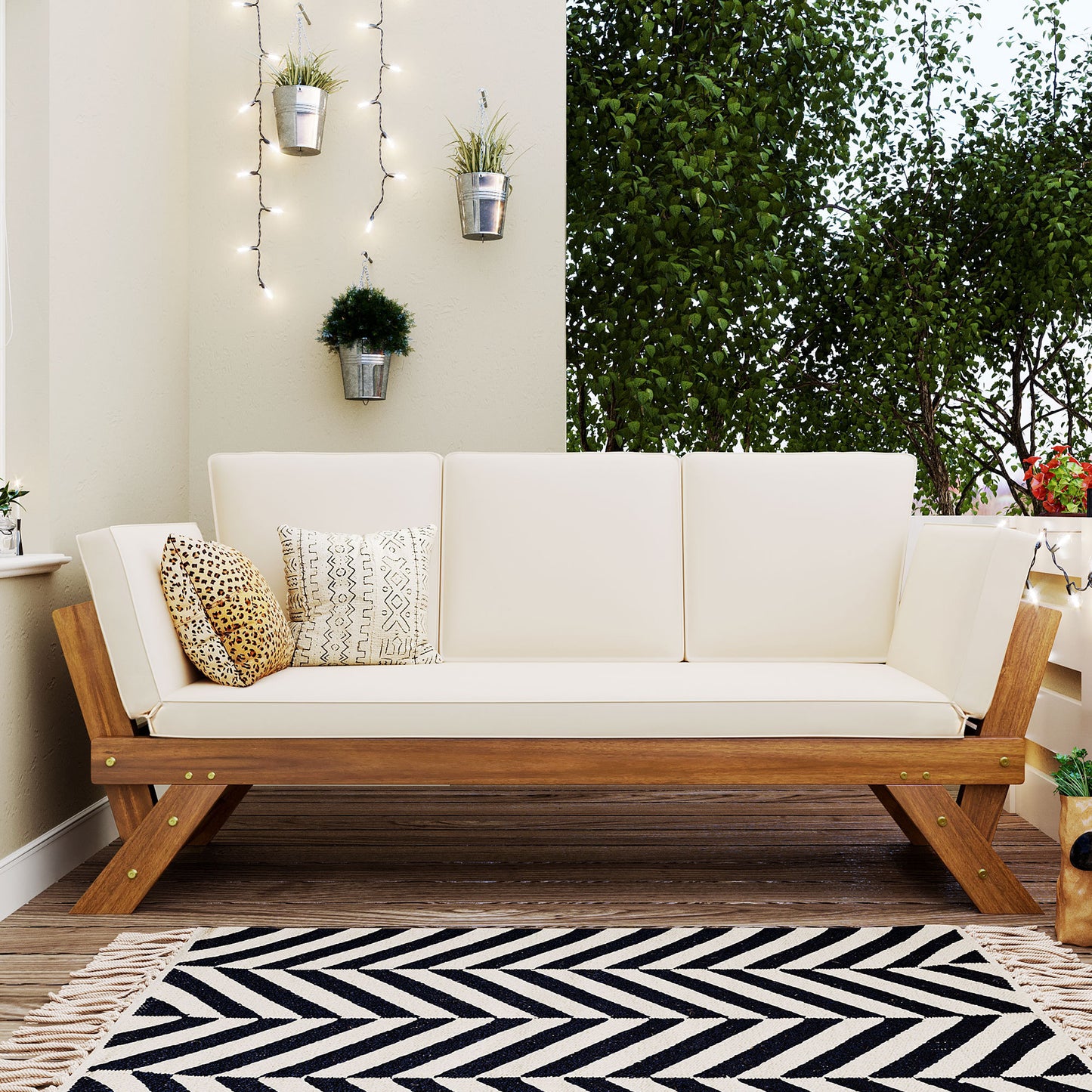 TOPMAX Compact Patio Chaise – Natural Wood Daybed with Adjustable Back & Beige Cushion for Small Spaces