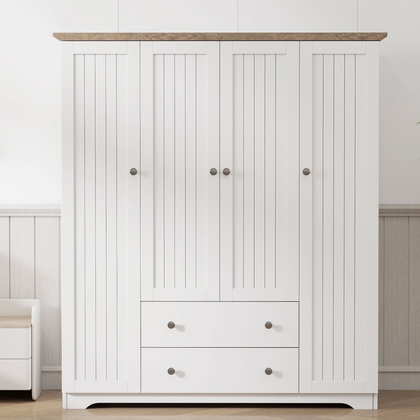 Veyra PureForm Armoire – 4-Door White Wardrobe with 2 Drawers & Inner Shelf
