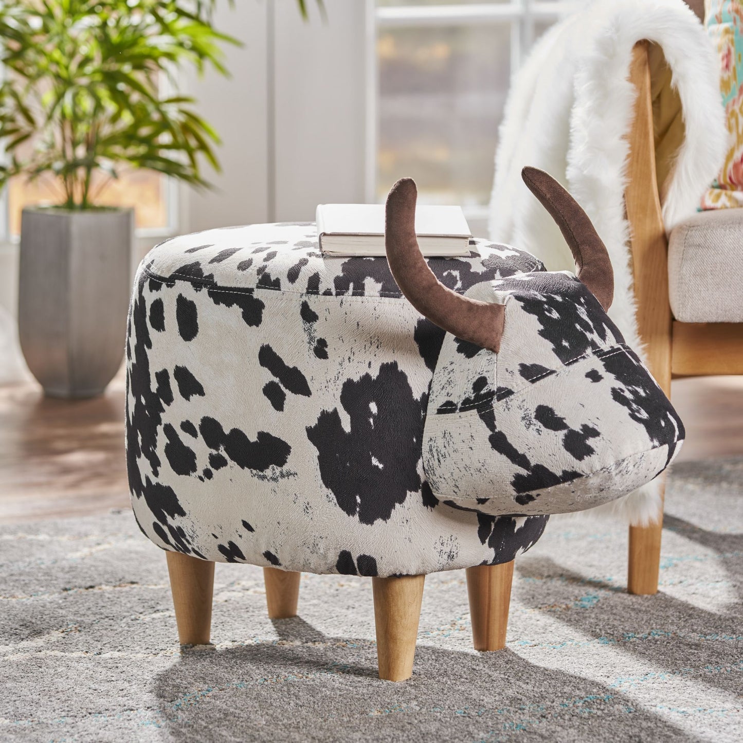 Pixi Puff – Cow-Shaped Accent Ottoman in Black and White Velvet