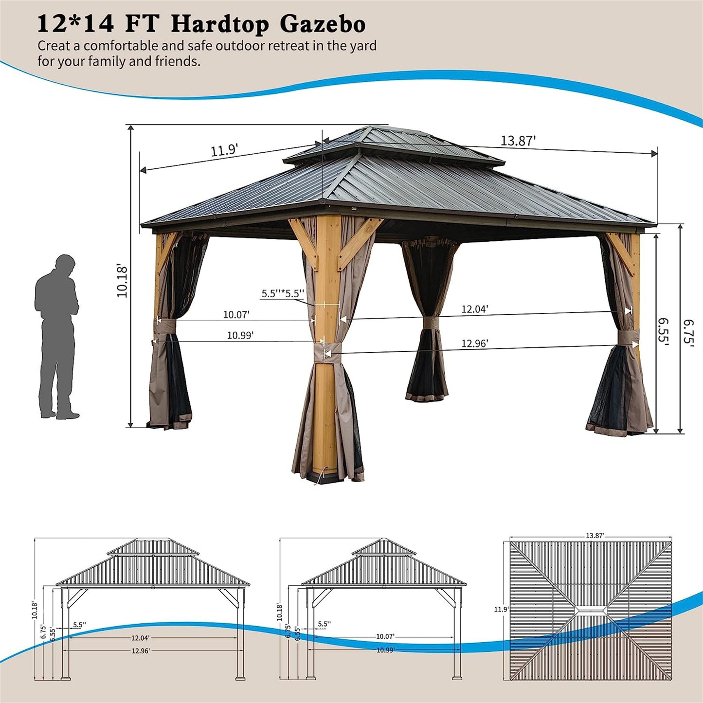 Aurelia 12x14' Cedar Hardtop Gazebo – Galvanized Steel Roof Pavilion with Curtains & Netting (Brown) - JUSTLIVE NESTJUSTLIVE NEST