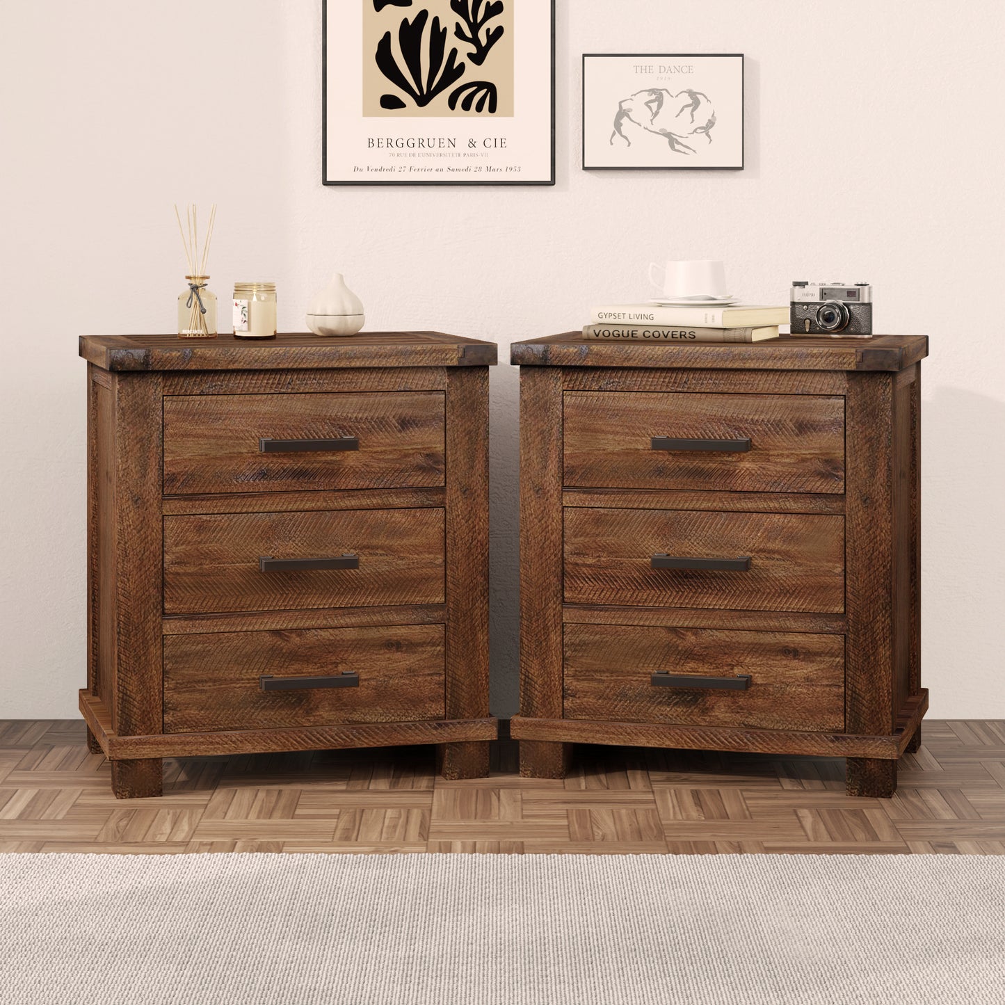Farmessa Rustic Pair – 3-Drawer Reclaimed Wood Nightstands (Set of 2)