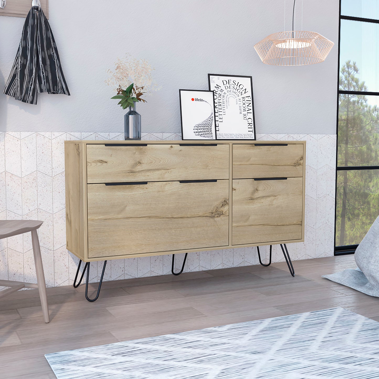 Augura Loft Dresser – 4-Drawer Oak Cabinet with Hairpin Legs and Soft-Edge Top