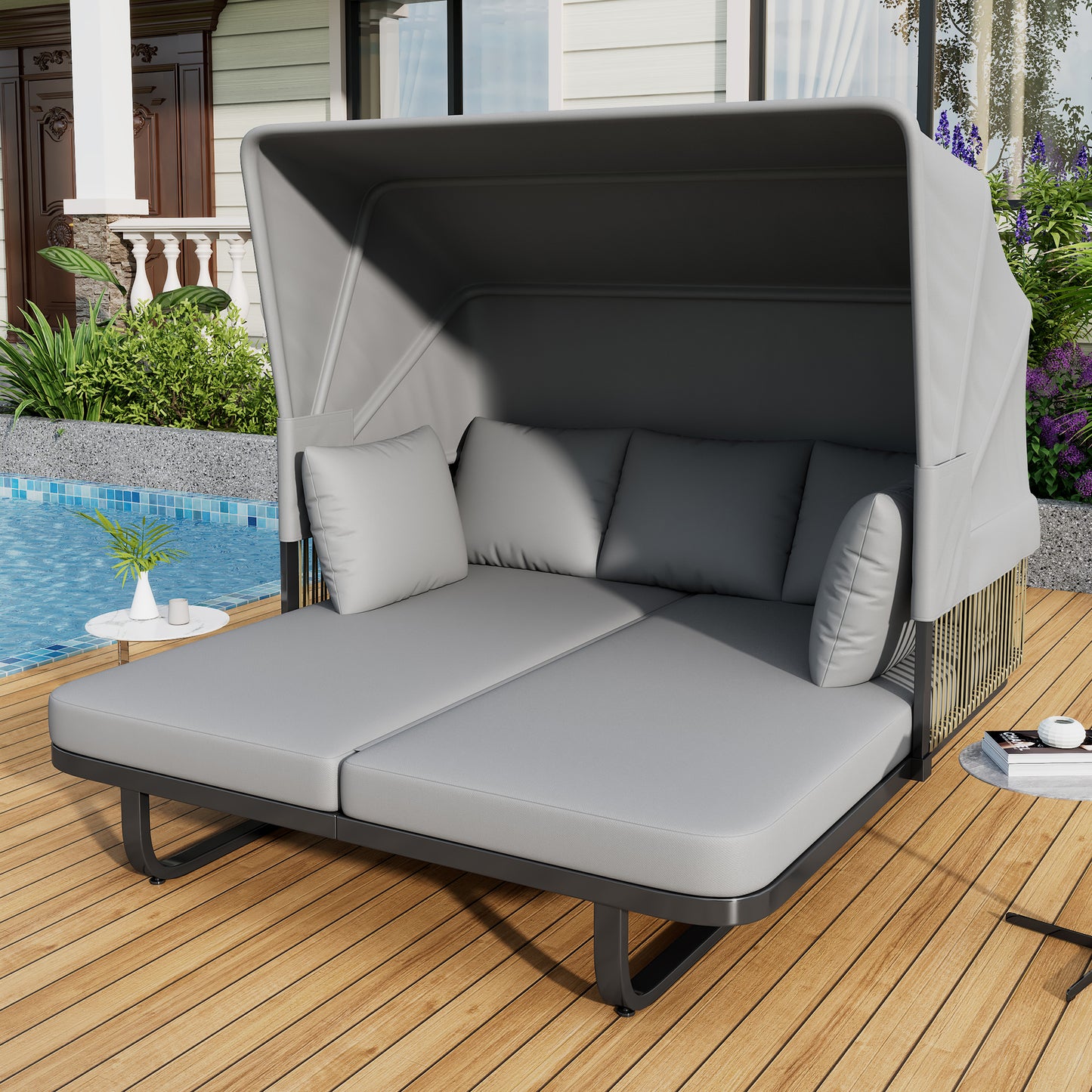 Solvara 57" Rattan Daybed – Gray Outdoor Sunbed with Detachable Pillows for Garden or Balcony