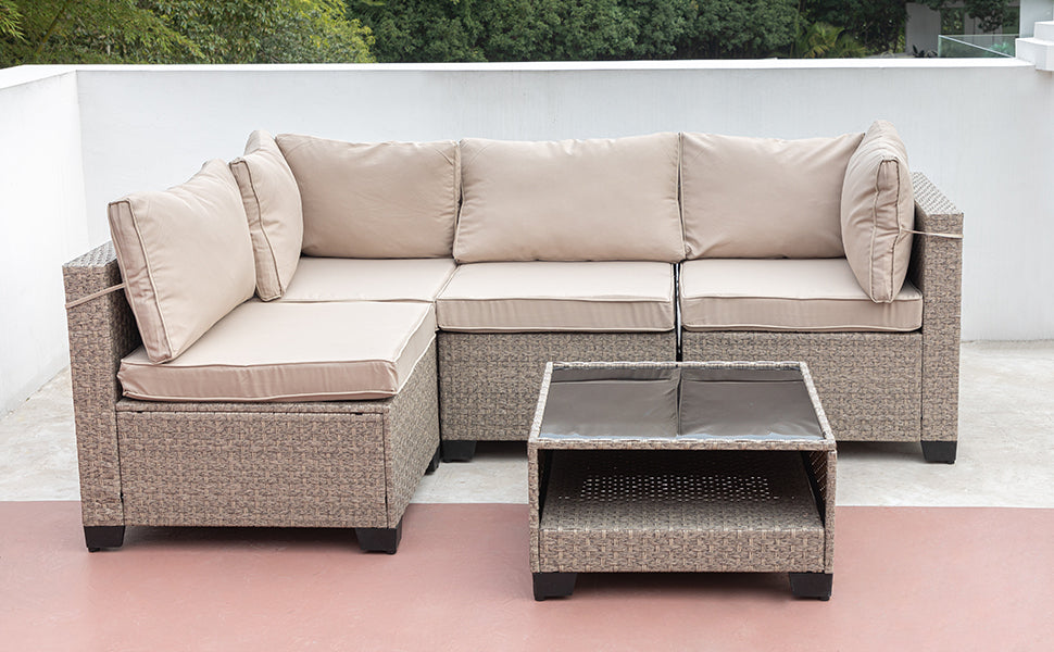 Solvara 5-Piece Boho Sectional – Compact Gray Outdoor Sofa Set with Water-Resistant Cushions