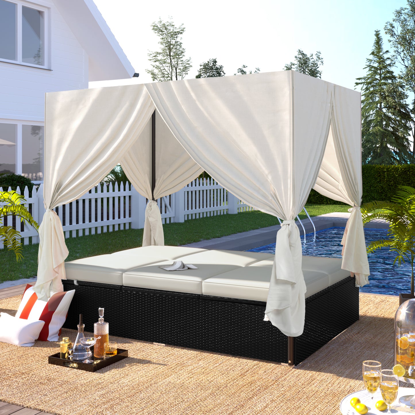 U_Style Wicker Daybed Lounger – Adjustable Rattan Sunbed with Cushions for Patio or Poolside