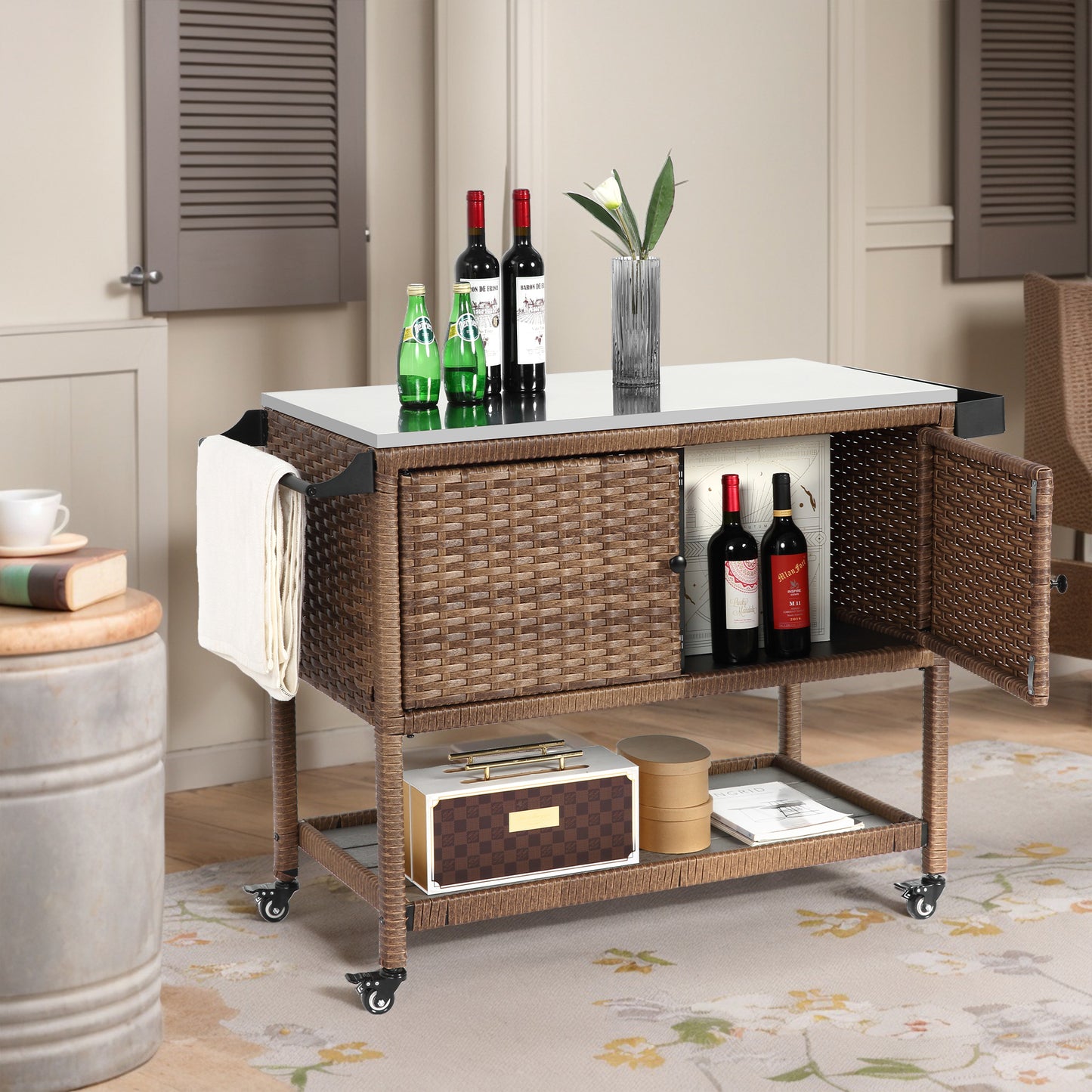 Vina Beverage Cart – Outdoor Wicker Bar Table with Glass Top & Wheels (Brown)