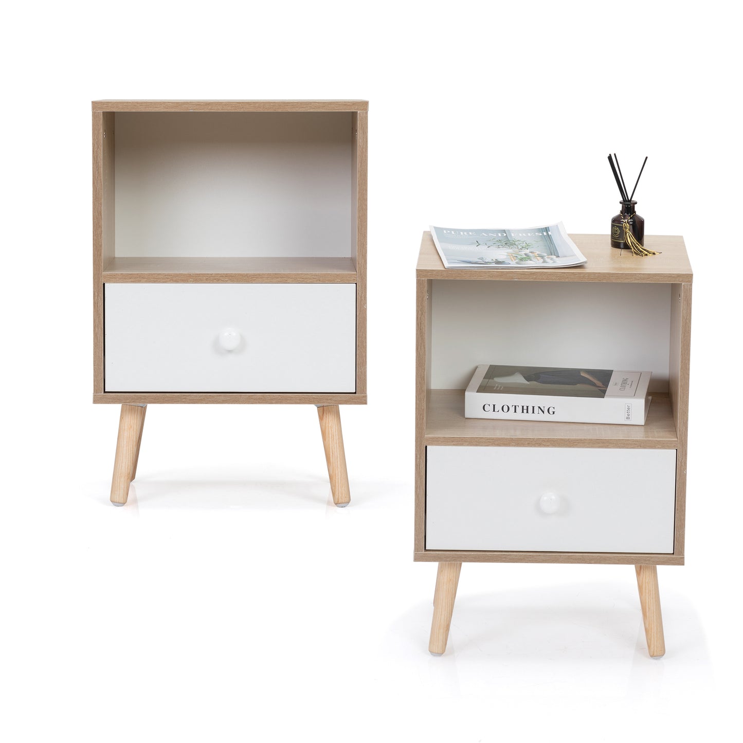 Stravelle Duo Set – Mid-Century 2-Piece Nightstand Set with Shelf & Drawer (Walnut Wood)