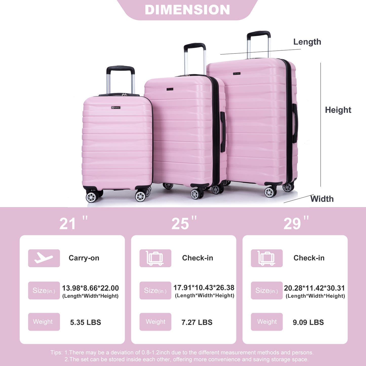Jetera 3 - Piece Luggage Set – Pink PC Expandable Suitcases with Double Spinner Wheels & TSA Lock - JUSTLIVE NESTJUSTLIVE NEST
