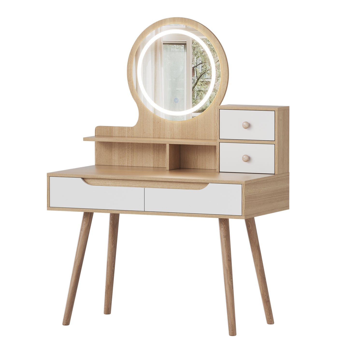 Velden Oak Lite – American White Oak Compact Vanity Desk with Adjustable Mirror & Solid Wood Legs