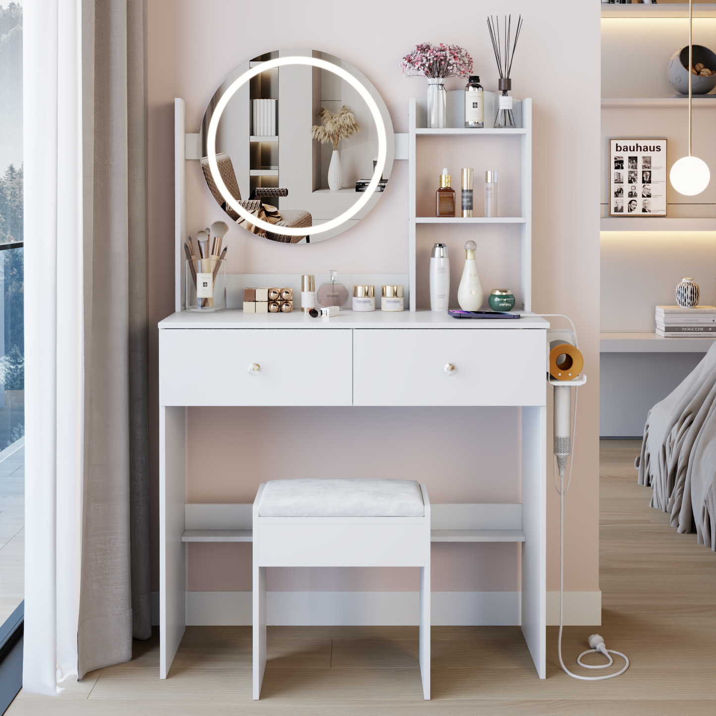 Vionix PowerGlow Mini – 17" Round LED Mirror Vanity with 2 AC + 2 USB, Touch Switch & Multi-Layer Storage