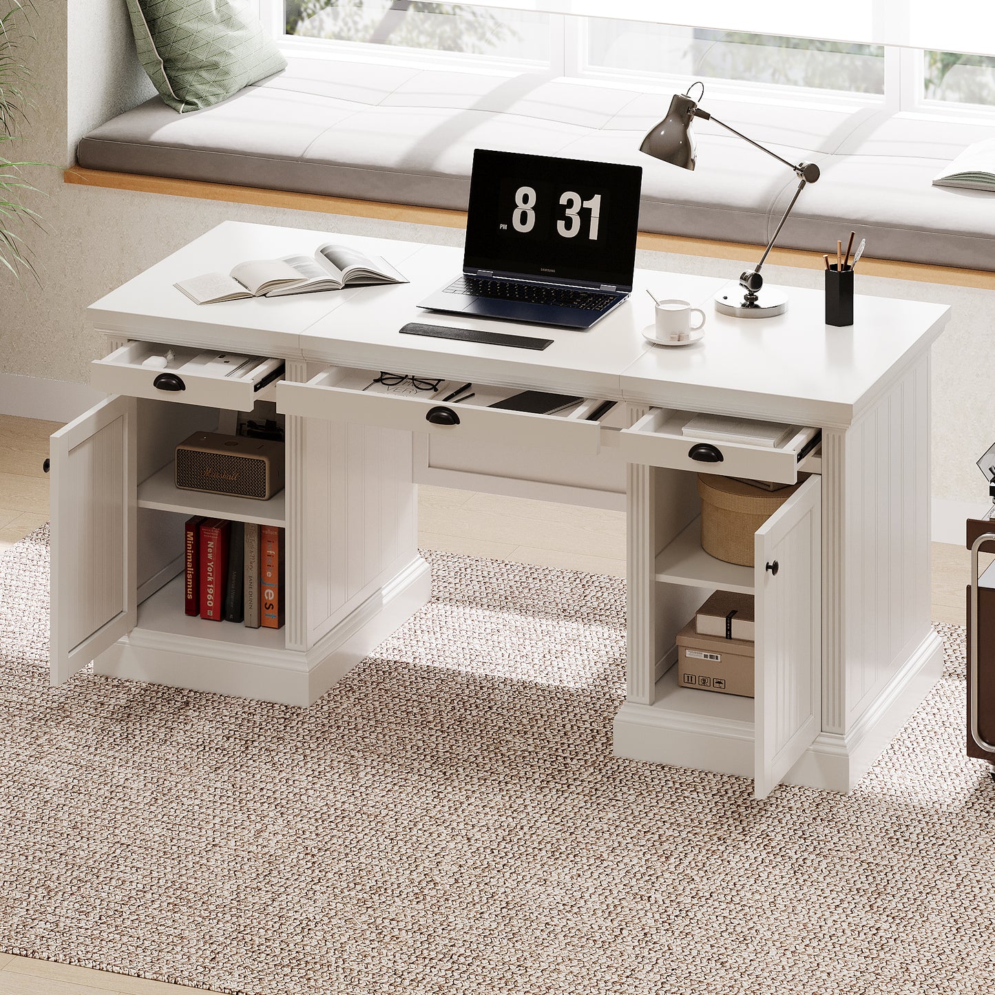 Veria XL Desk – 67'' Modern White Executive Desk with Storage Cabinets