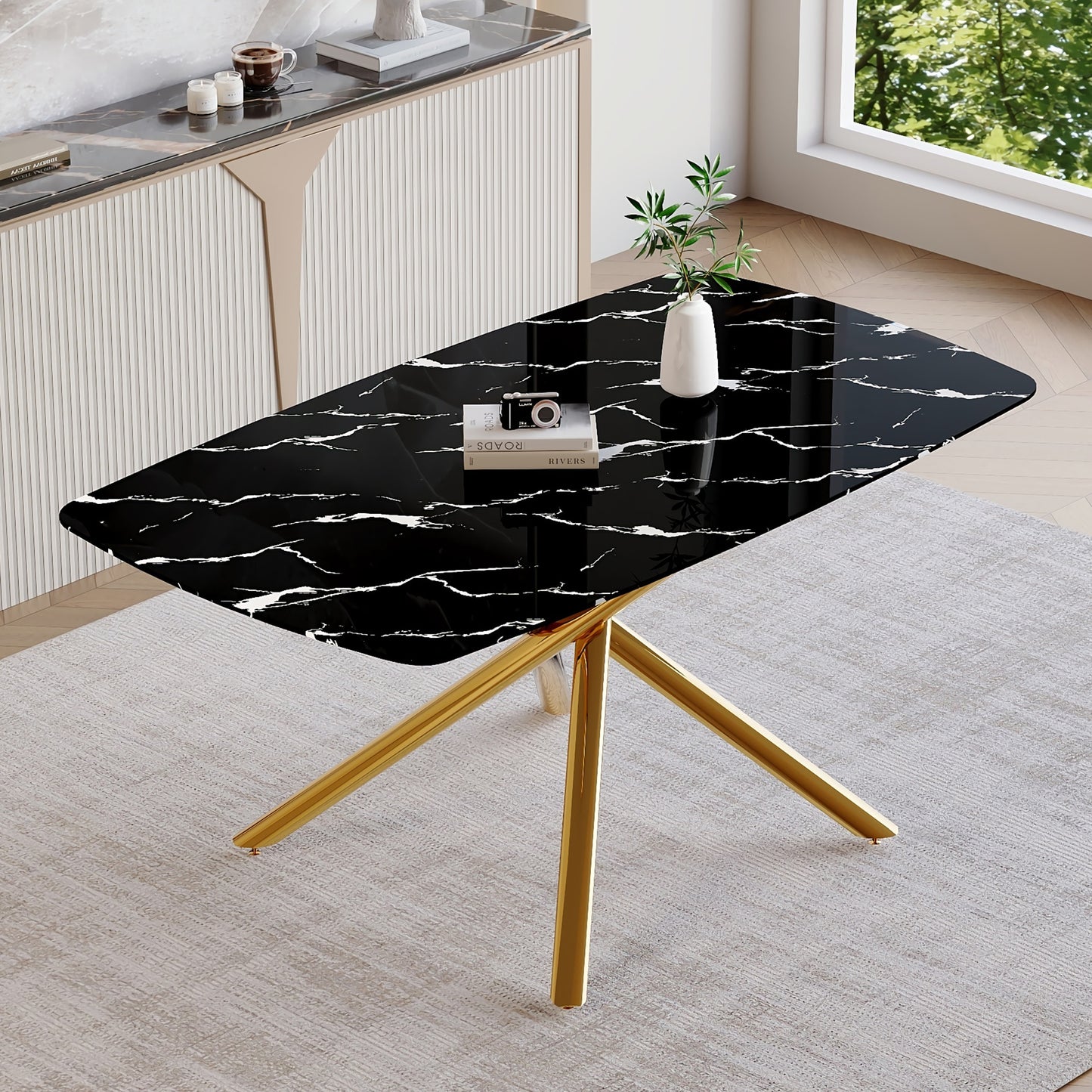 Fayno Glass Dining Table – 63'' Black Marble Top with Gold Fork-Leg Base