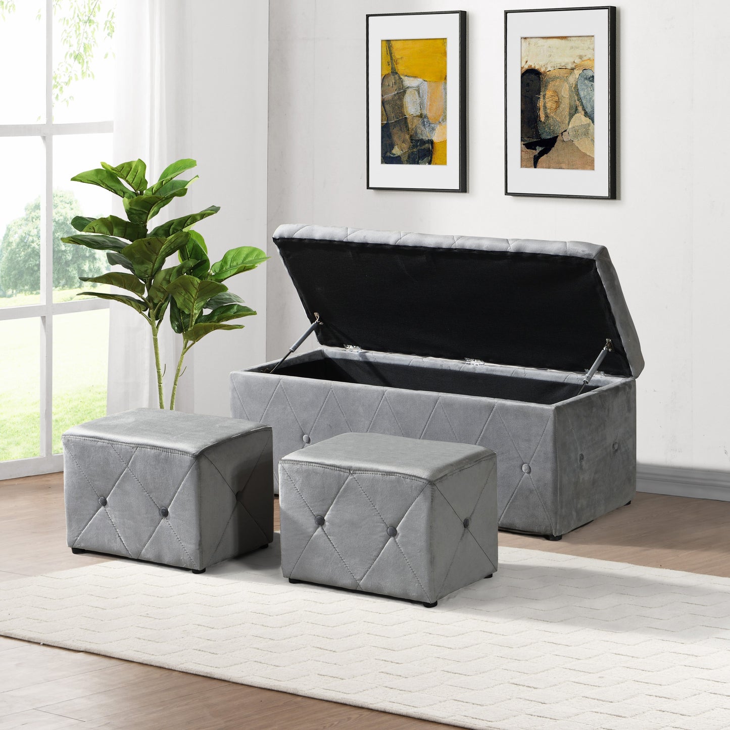 TrioVault Set – Lightveil Velvet, HiddenNest Storage Bench + Twin Ottos