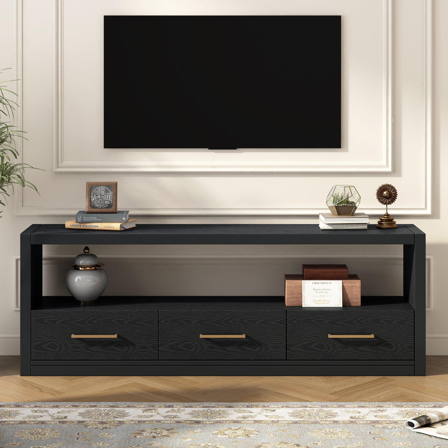 Mirodra Classic Console – 3 Drawer TV Stand with Wide Surface & Metal Pulls