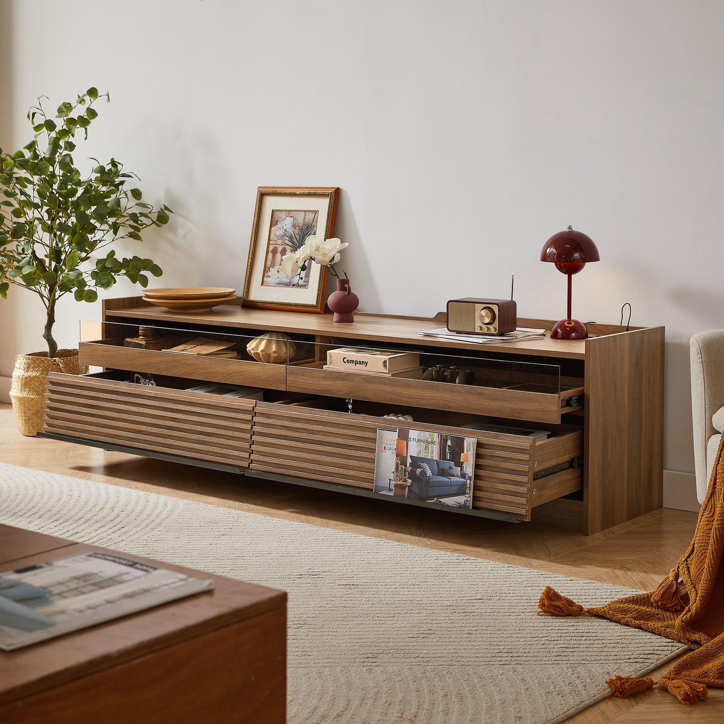 Mirodra LED Console – 4-Drawer Smart TV Stand with Glass & Lights (Repeat)