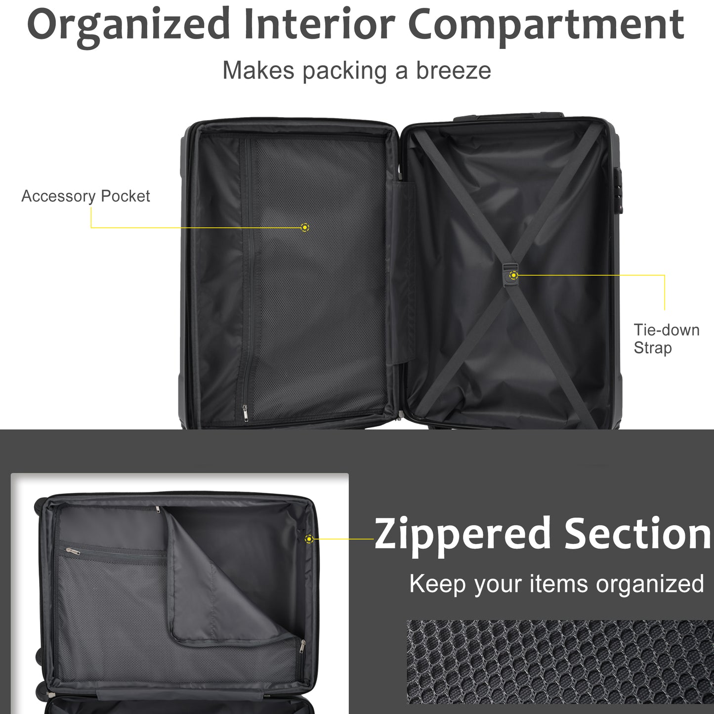 Jetera 3 - Piece ABS Luggage Set – Black Expandable Suitcases with Double Spinner Wheels & TSA Lock (20/24/28") - JUSTLIVE NESTJUSTLIVE NEST