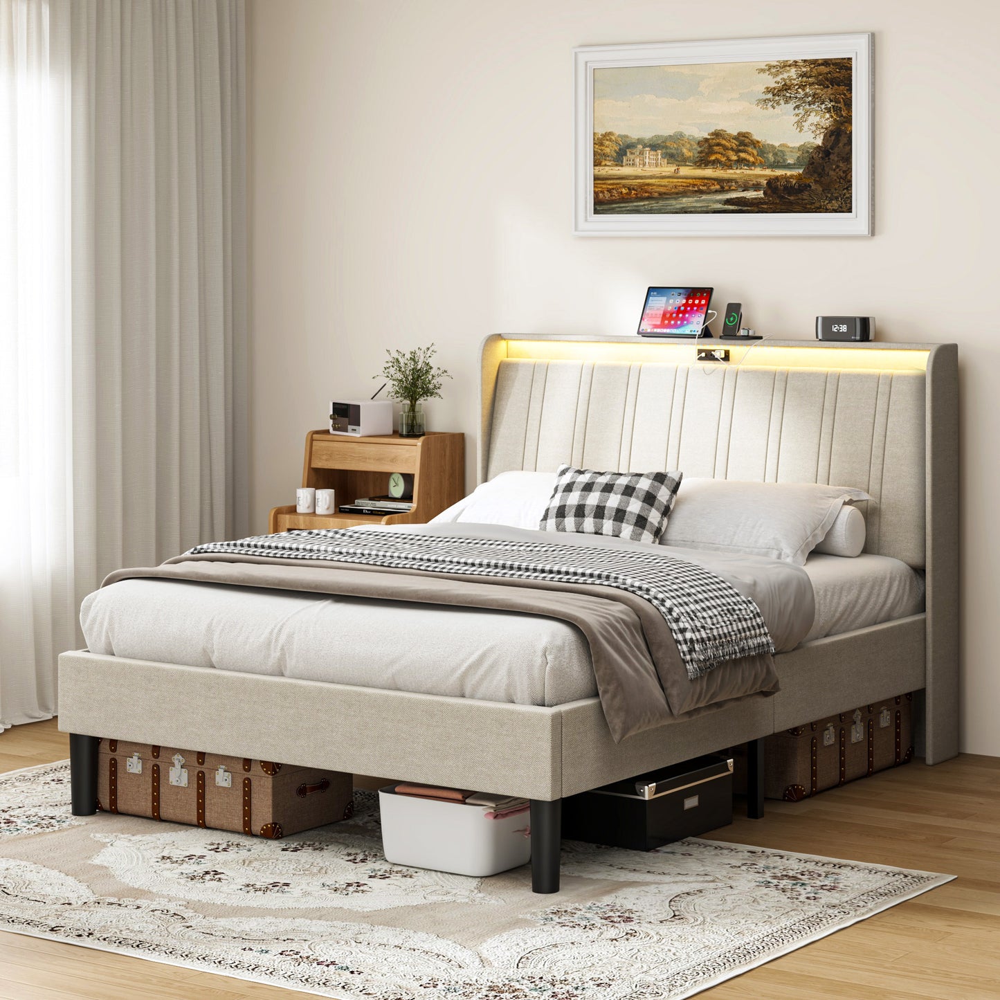 Pluvia Full Bed – Fabric Upholstered Headboard Platform with Wood Slats (Upholstered Base)