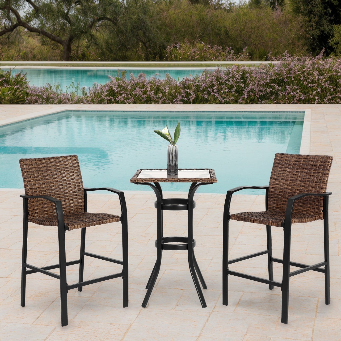 Ravine 3-Piece Wicker Bar Set – Brown Rattan Stools with Glass-Top Table for Outdoor Spaces