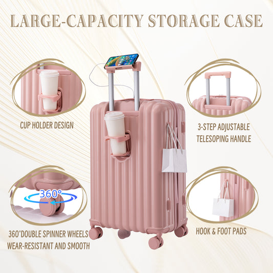 Jetera 3 - Piece Spinner Luggage Set – Pink ABS with USB Port, Cup & Phone Holder (20"/24"/28") - JUSTLIVE NESTJUSTLIVE NEST