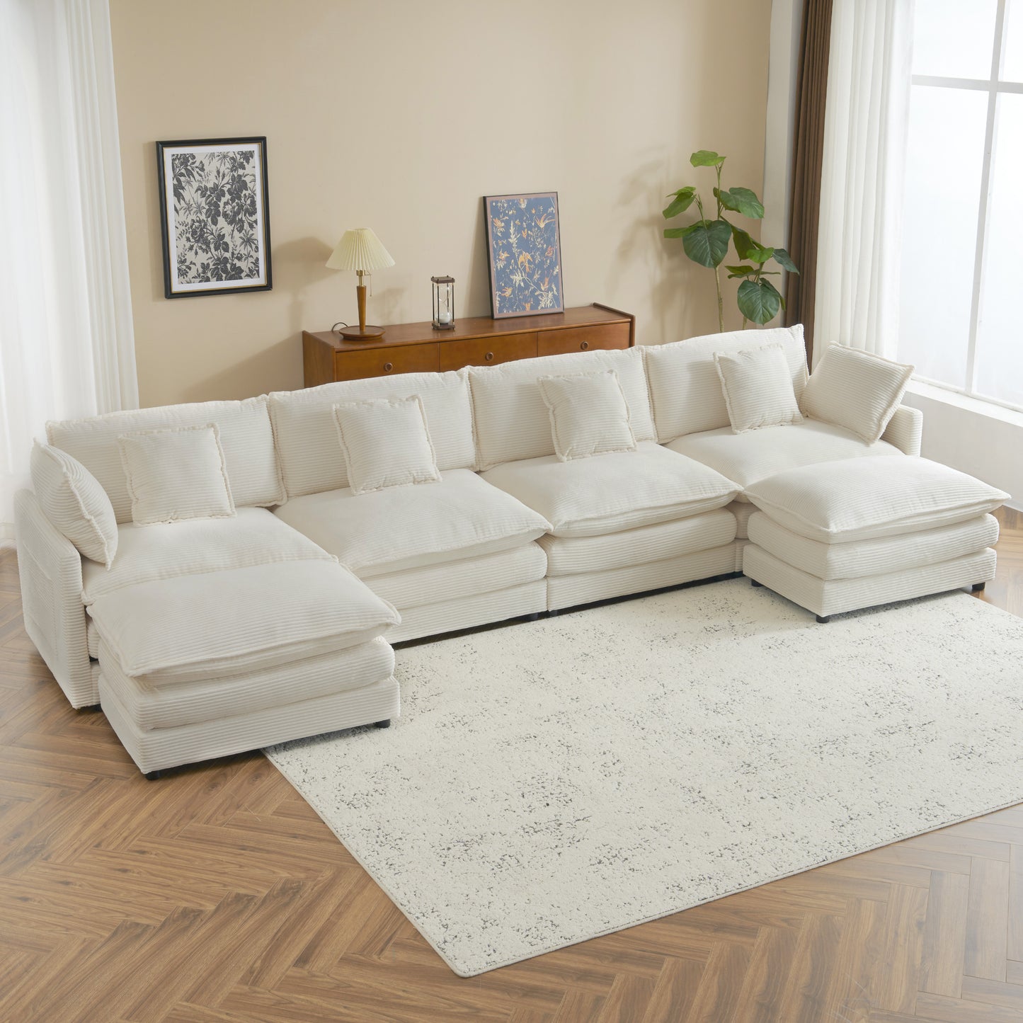 150' Modular Lounge – Oversized Corduroy L-Shape Sofa with Hidden Side Pockets (Beige)
