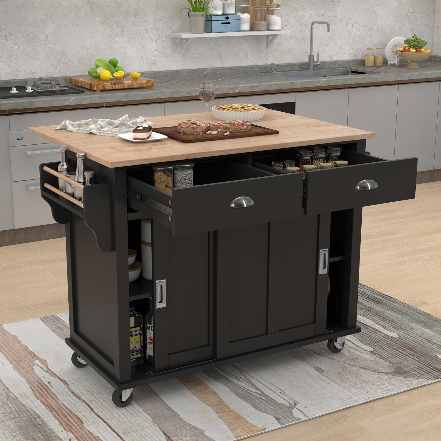 Barnix Kitchen Island – Black Drop-Leaf Cart with Sliding Barn Door and 2 Drawers