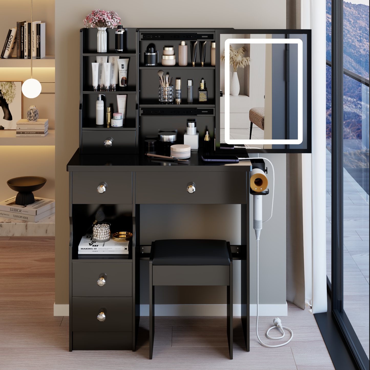 Sereno LED Vanity Set – Tri-Color Sliding Mirror with Cushioned Stool & Power Ports