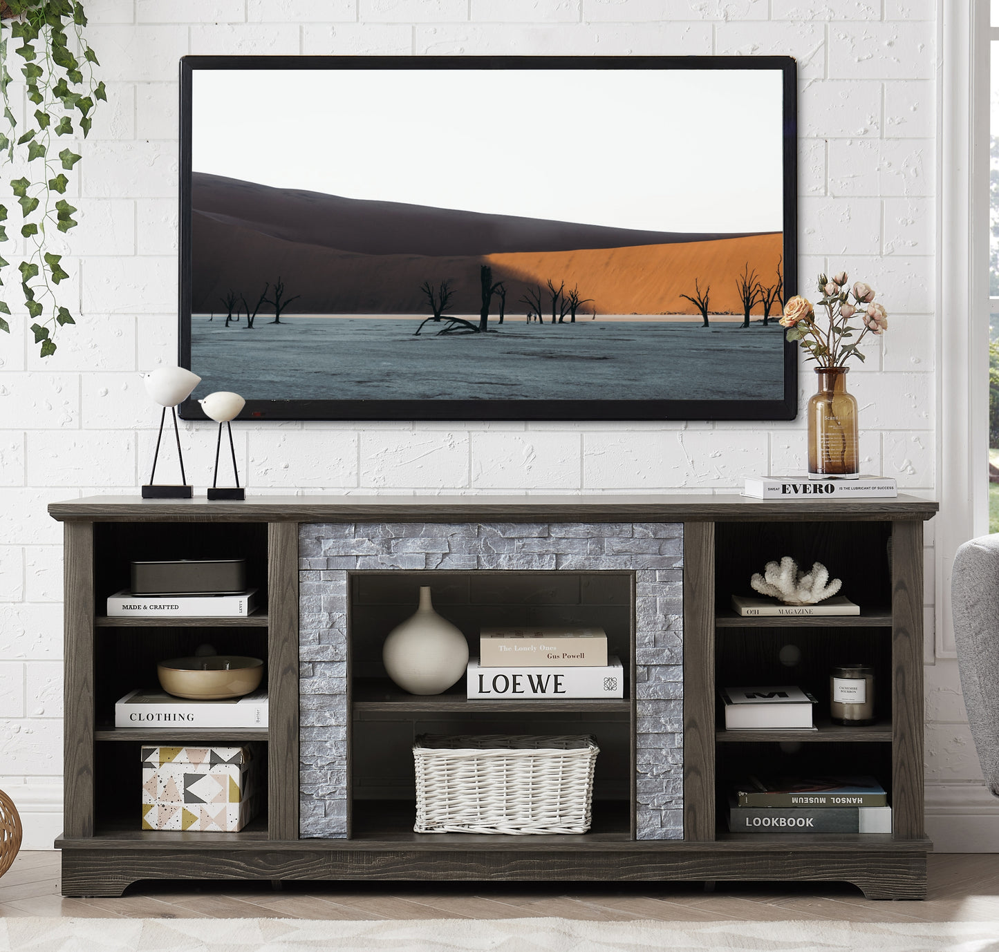 Mantorra Console – 58" TV Stand with Faux Stone Mantel & Open Storage