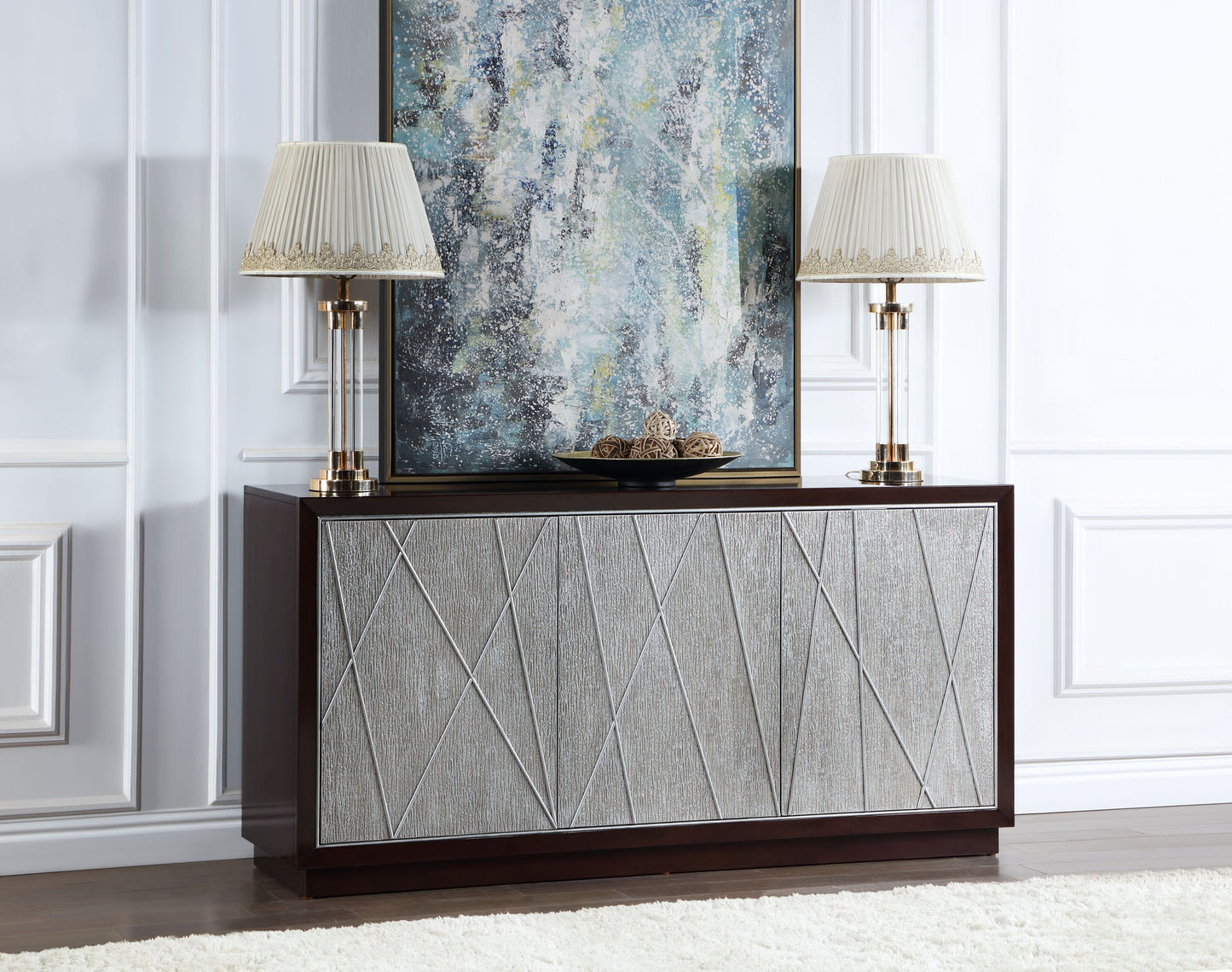 Gerano Luxe Console – Silver & Walnut Cabinet with Metallic Accents
