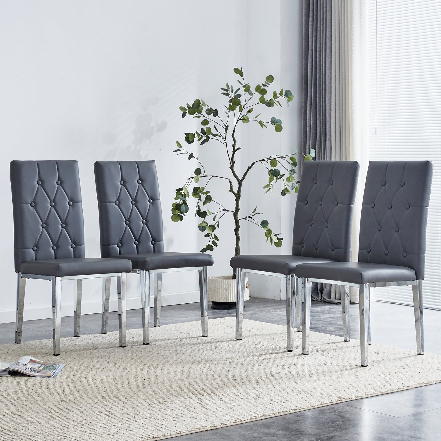 Tovik Dining Chair Set – 4 Dark Gray Armless Chairs with Vintage Grid Back
