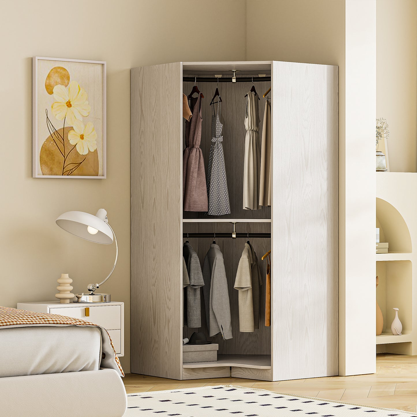 Vetra Corner Wardrobe – Natural Wood Polygon Shape with Space-Saving Fit