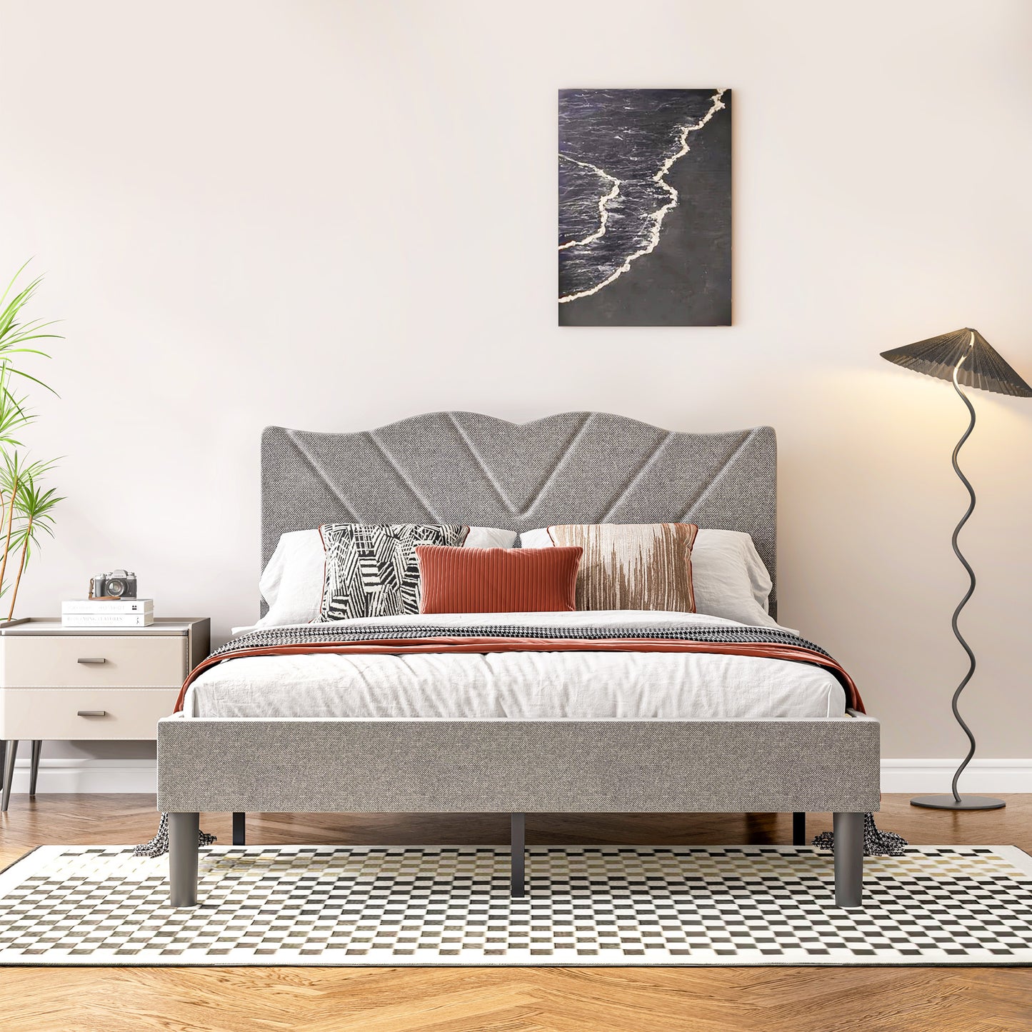 Pluvia Full Bed – Grey Upholstered Platform with Headboard & Wood Slats (No Box Spring)