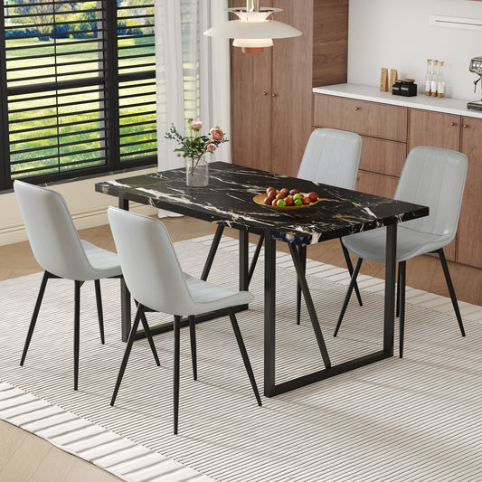 Lunex 5‑Piece Dining Set – Black Marble Table with Light Gray PU Seat Chairs