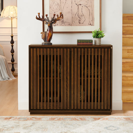 Fluvin Hollow Console – Walnut Fluted Cabinet with Outlet Holes & Storage