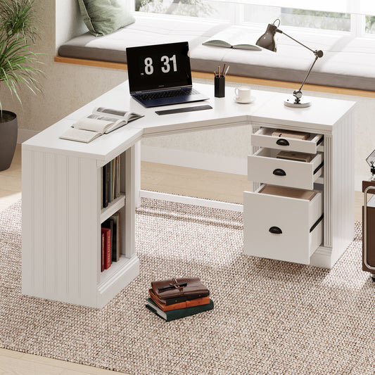 Veria Executive Desk – 58'' White L-Desk with Cabinets and Drawers