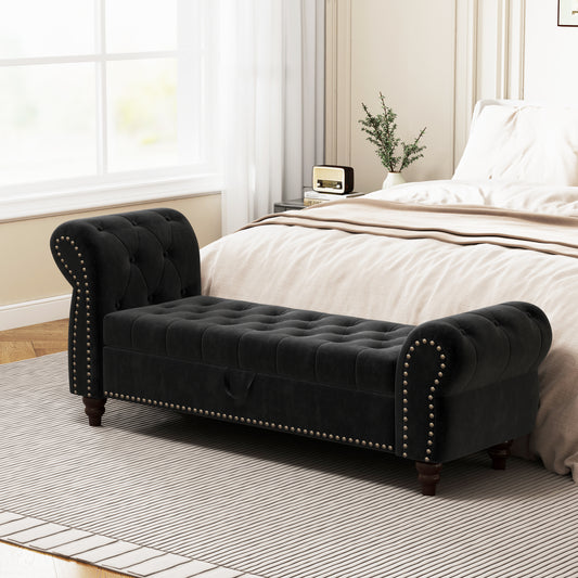 Lavire Tufted Chaise Bench – Velvet Storage Lounge, Black, 64.5" with Nailhead Detail