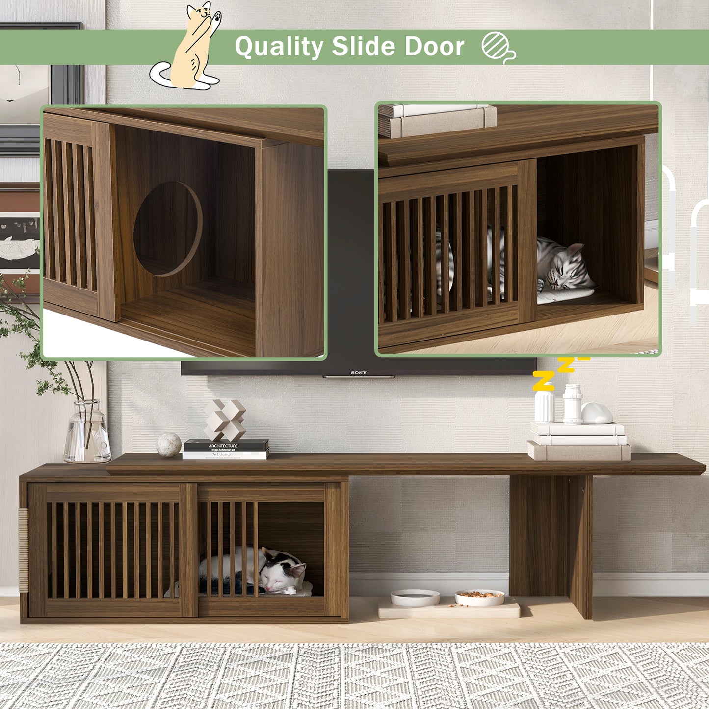 Vero Pet - Friendly TV Console – Mid - Century Walnut Stand with Extendable Table, Cushion & Cat Cubby - JUSTLIVE NESTJUSTLIVE NEST