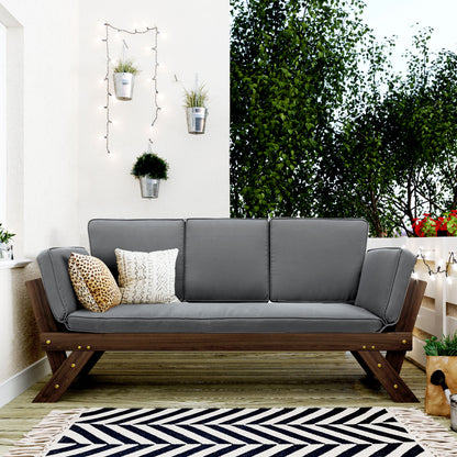 Vaxa Daybed – Brown Wood Adjustable Chaise for Small Spaces (Gray Cushion)