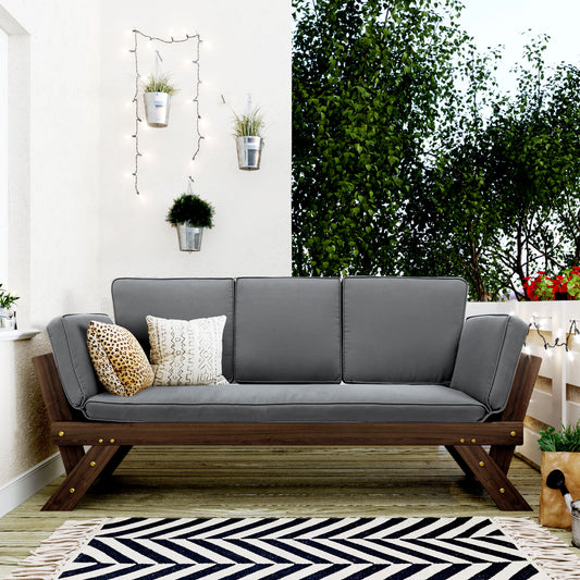 Vaxa Daybed – Brown Wood Adjustable Chaise for Small Spaces (Gray Cushion)