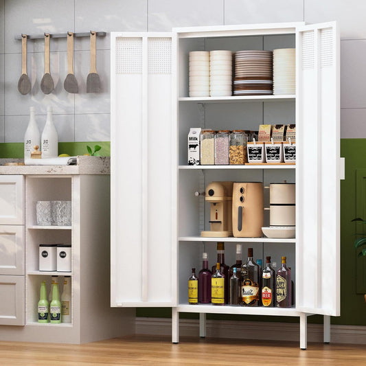 Nesto Pantry Cabinet – 61'' White Metal Food Storage with Adjustable Shelves