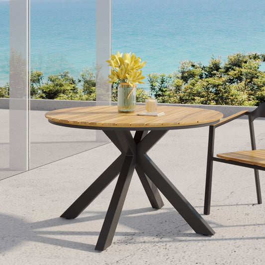 Zeren Teak Dining Table – Acacia Wood Top with Black Metal Base
