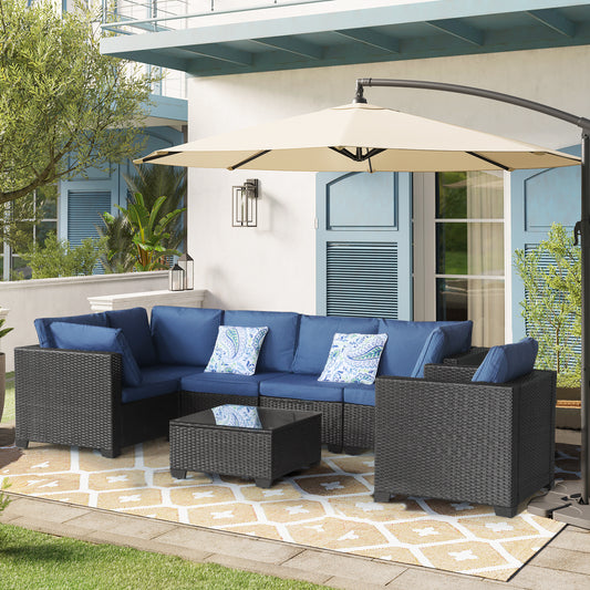 Vero 7-Piece Patio Sectional – Dark Blue Outdoor Sofa Set for Balcony, Garden, or Poolside