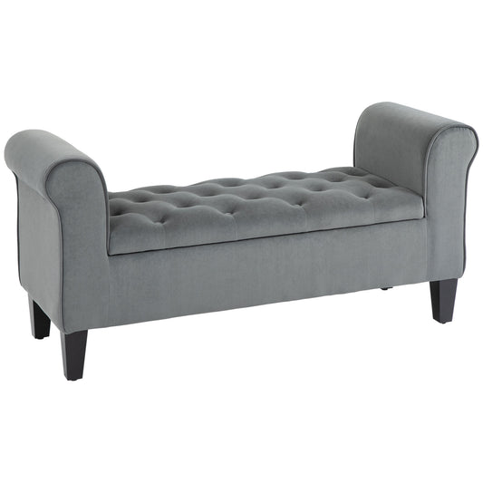 Julen Bench – Button-Tufted Storage Seat with Rolled Arms, Soft Gray