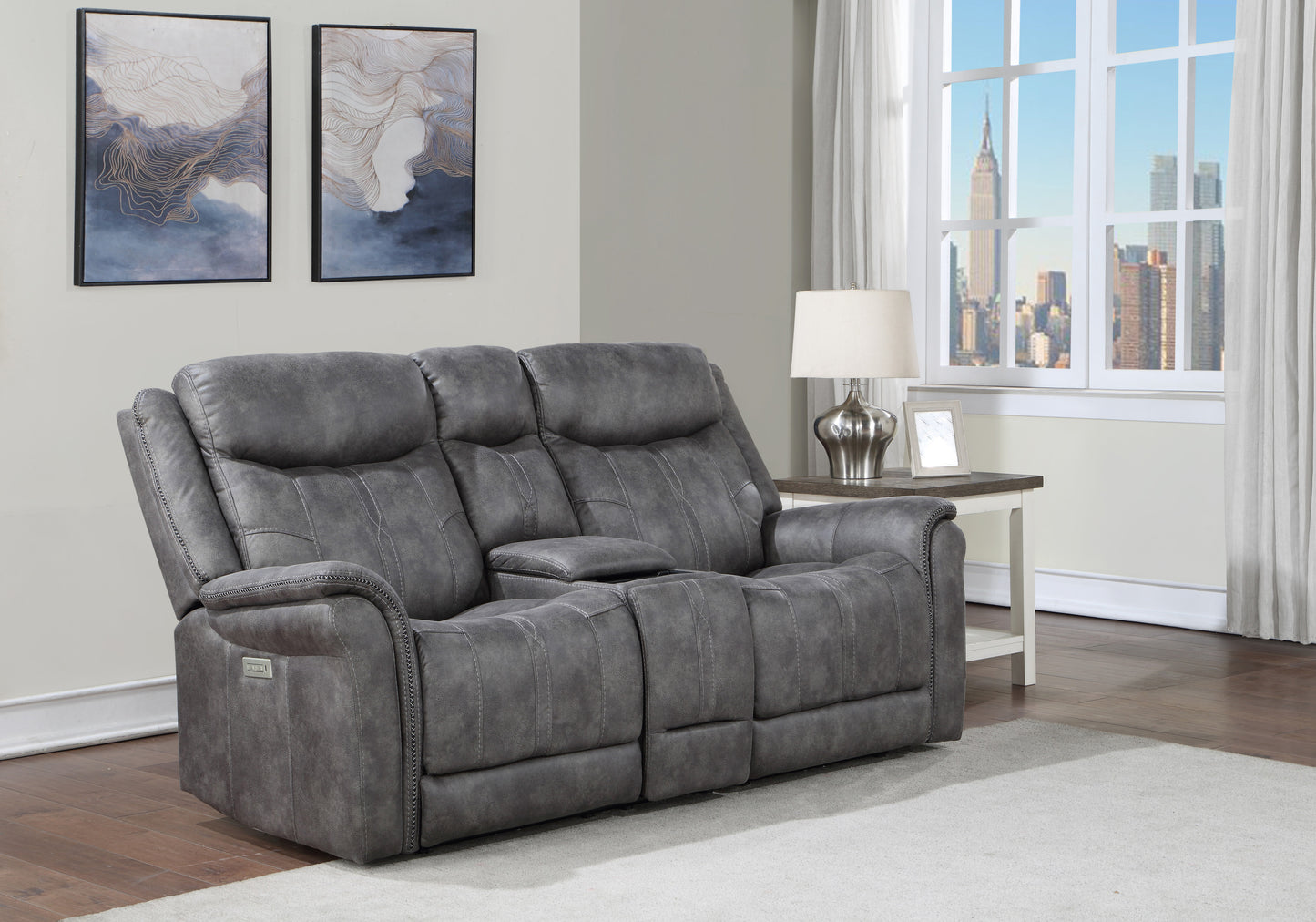 JUSTLIVE NEST® Elvoro Console Loveseat – CloudGray Suedex™ Upholstery, Dual Power Recline, Hidden Cupholders