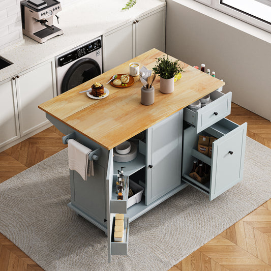 Norlyn Organizer Island – Grey Blue Drop-Leaf Cart with 3‑Tier Pull-Out & Storage Rack