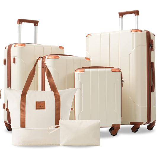 Jetera 6 - Piece Hardshell Luggage Set – White & Brown Expandable Suitcases with Spinner Wheels & TSA Lock - JUSTLIVE NESTJUSTLIVE NEST